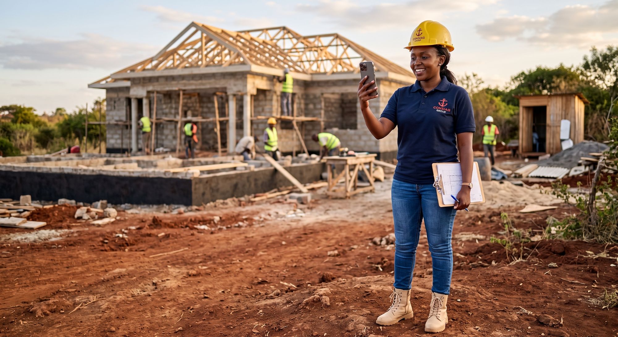 A Consiag team member on a building site in Kenya, filming a progress update on her phone